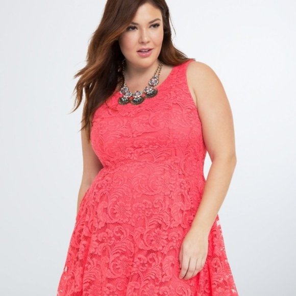 Torrid Sleeveless Lace Fit Flare Mini Dress | Coral Pink | Size 22 / 3X - Picture 2 of 13